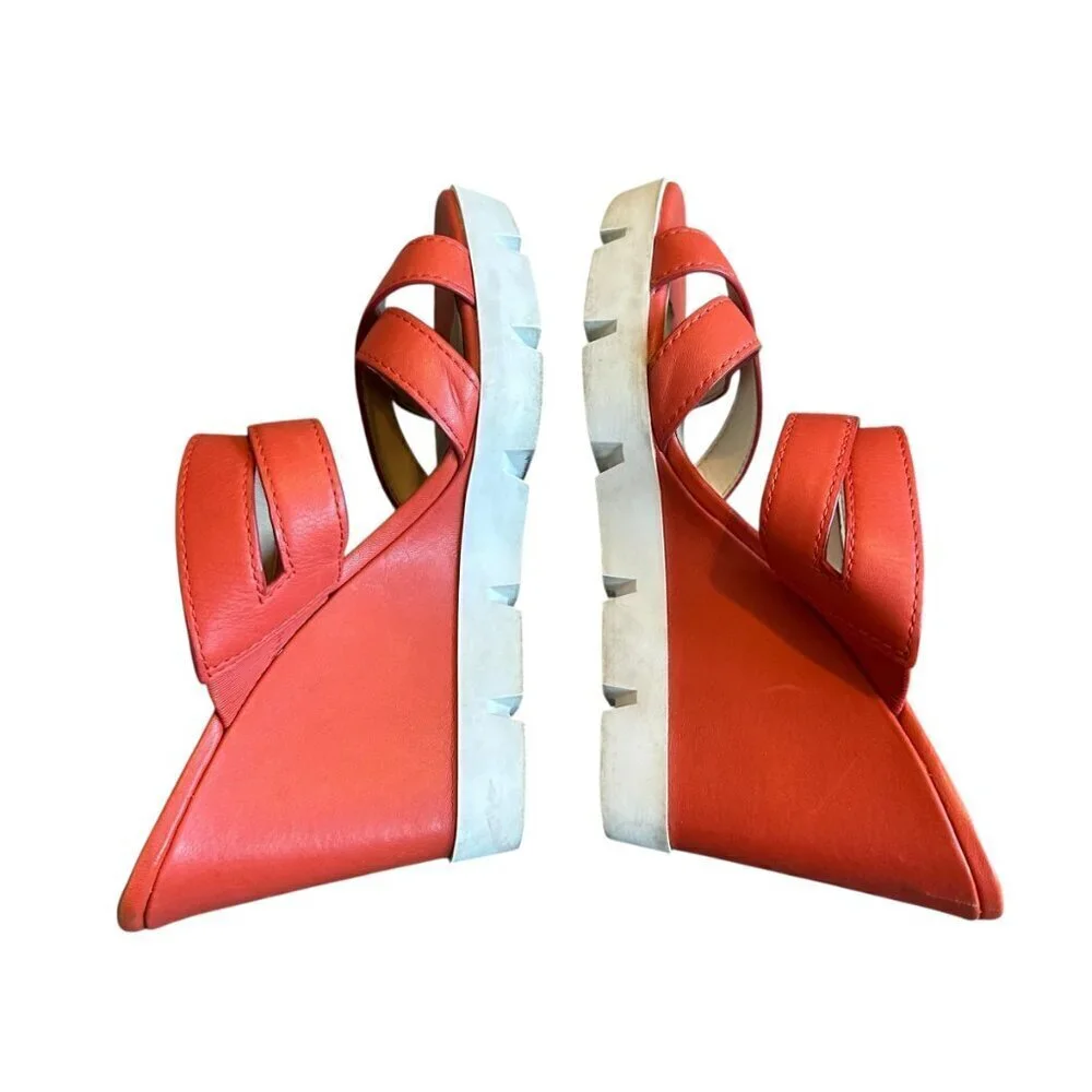 Orange Strappy Wedge Sandals with Chunky White Sole